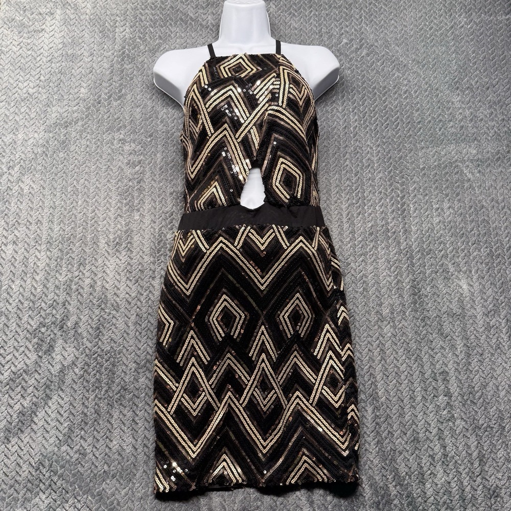 Charlotte Russe Sequin Halter Dress Women's Large Black Gold‎ Art Deco Party